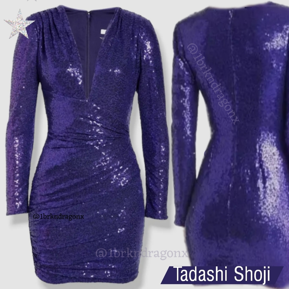 NWT Tadashi Shoji Royal Purple Cocktail Dress Midi Sequin Stretch Evening Party - Picture 10 of 14